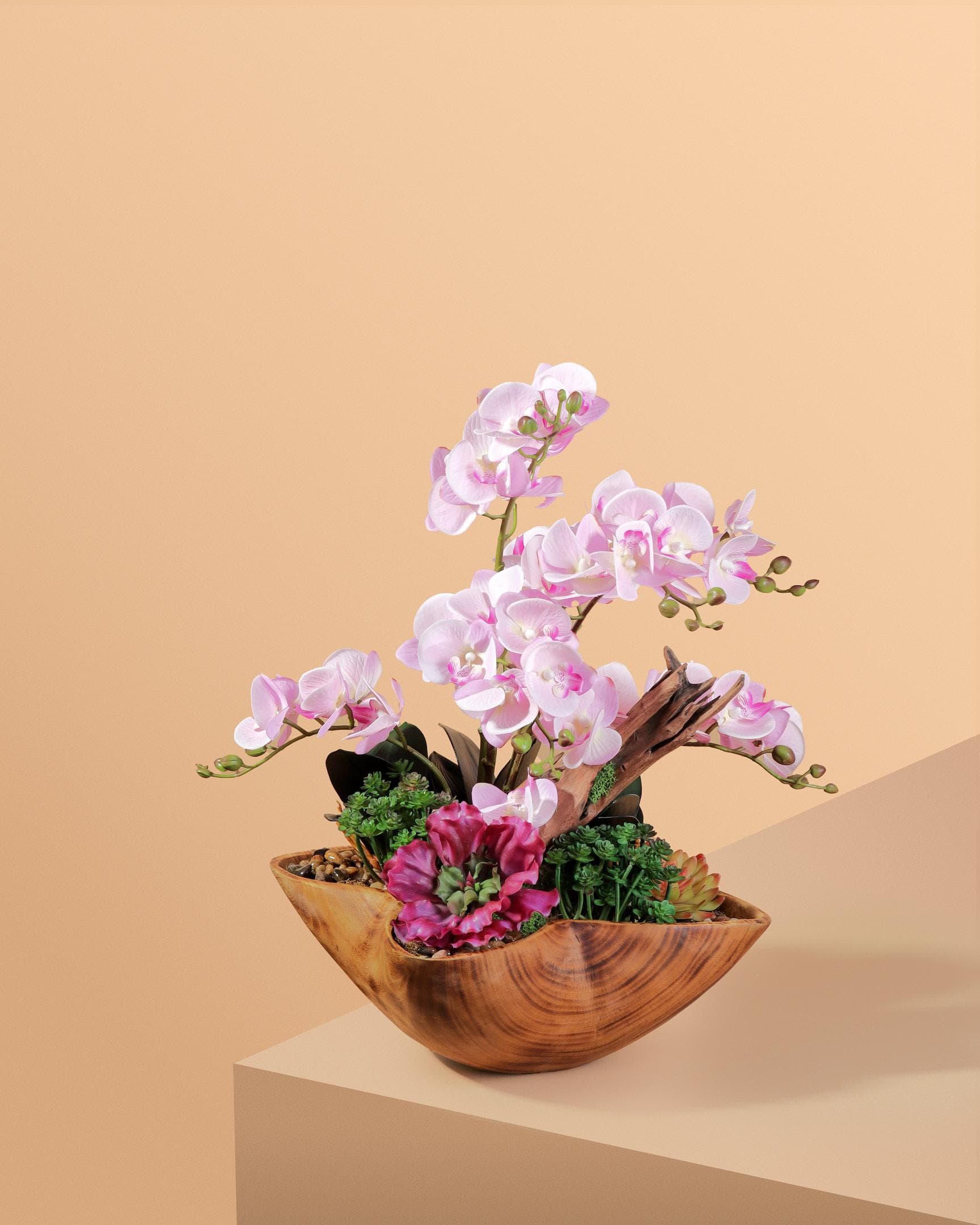 Orchids in wood bowl